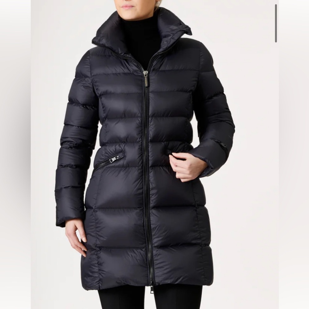 Eleven Elves navy blue, knee length, down jacket. Zippered pockets. Super soft.